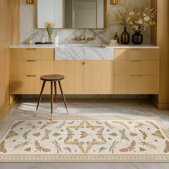 Hazo Haus Boho 2x5 Long Bathroom Rug - Laundry Room Rug Runner for Kitchen, Washable Non Slip Soft Stain Reistant Beige and Yellow Neutral Insect Design Decor
