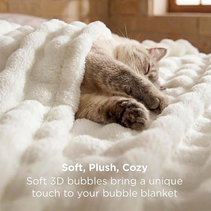 Bedsure 3D Fleece Bubble Blanket - GentleSoft White King Blanket for Bed Sofa Room Decor - Luxury Soft Cozy Gifts for Kids, Lightweight, All Seasons, Off White, 108"×90"