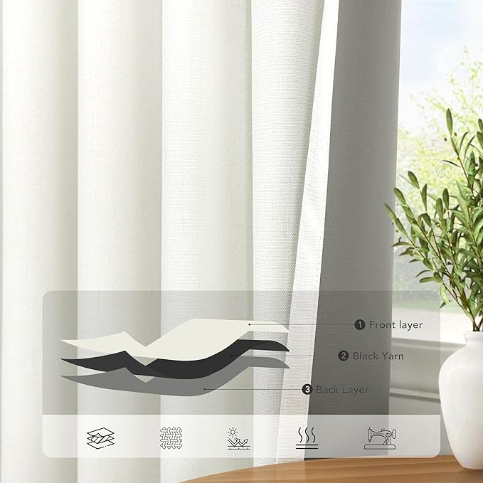 Black Out Curtains 72 Inch Long 2 Panel Burg Lightweight Faux Linen Cute Blackout Bay Window Curtain Modern Neutral Drapes for Bedroom Cabin Room Darkening Curtains 6FT Length Back Tab Ivory Off White