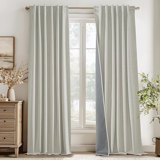 RYB HOME 100% Blackout Cream Curtains, Linen Texture Thermal Insulated Drapes for Bedroom/Living Room/Office/Nuesery, Privacy Farmhouse Full Blackout Window Treatment, W52xL84 Inch Long, 2 Panels