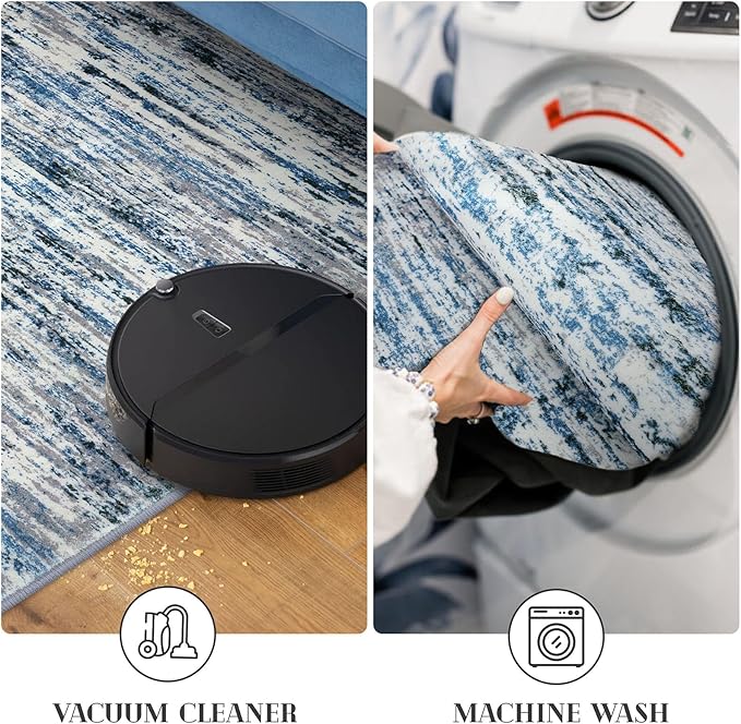 Lansny Modern Abstract 9x12 Large Machine Washable Living Room Rug Non-Slip Soft Bedroom Area Rug Grey Blue White Thin Print Faux Wool Carpet Throw Rugs for Nursery Playroom Dining Room Indoor
