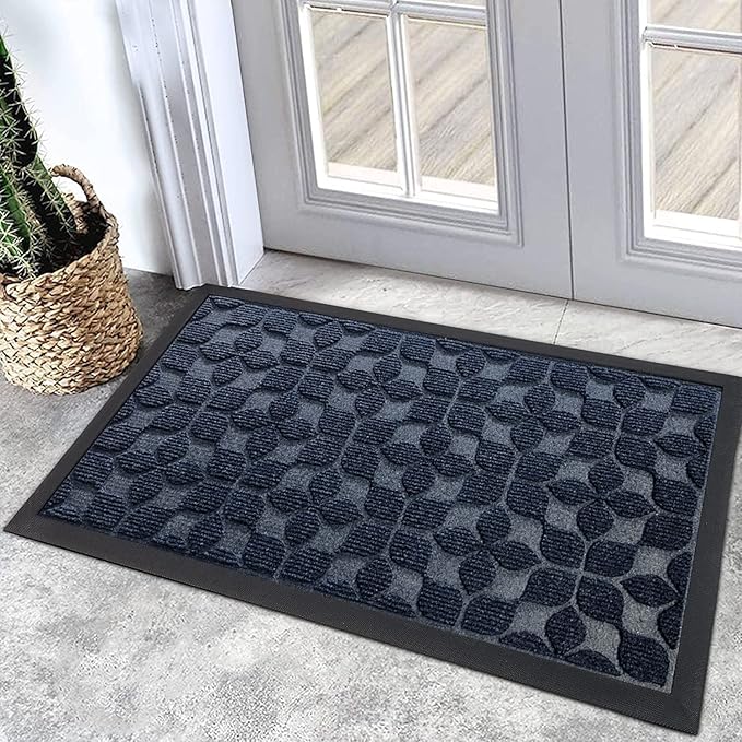 Bulijojo Sturdy Front Entrance Doormats,Durable Heavy Duty Welcome Mat,Thick Absorbent Natural Rubber Non Slip Mat,Easy Clean Entryway Mat Geometric Blue 23"x35"