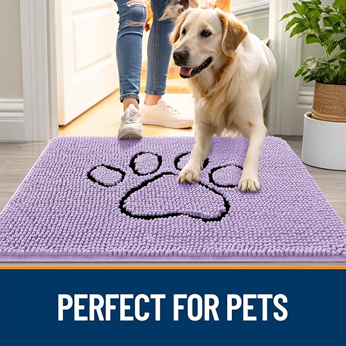 OLANLY Dog Door Mat for Muddy Paws 36x24, Paw Print Design, Absorbs Moisture and Dirt, Absorbent Non-Slip Washable Doormat, Quick Dry Chenille Mud Mat for Dogs, Entry Indoor Entryway Carpet, Lavender