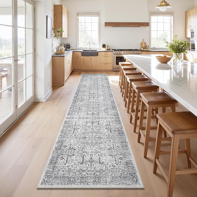 Hallway Washable Runner Rug 2x12 - Non Slip Vintage Kitchen Runner Rugs for Entryway Low-Pile Waterproof Long Runners for Living Room Bedroom Medallion Indoor Floor Mat for Bathroom Laundry Grey
