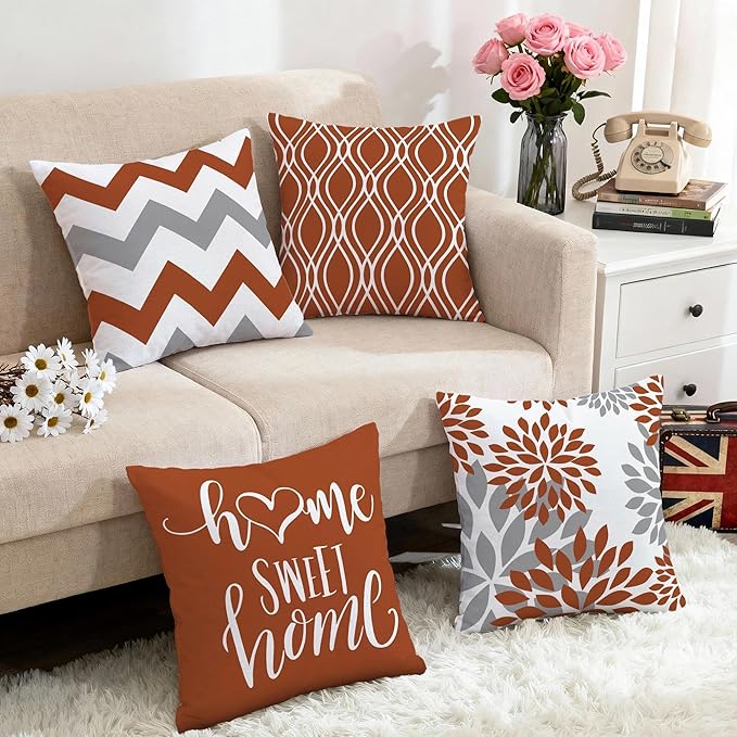 Hexagram Geometric Burnt Orange Pillow Covers 20x20 Set of 4, Decorative Outdoor Boho Modern Throw Pillow Covers, Home Sweet Home Farmhouse Cushion Case for Couch Sofa Bedroom Indoor Decor(No Insert)