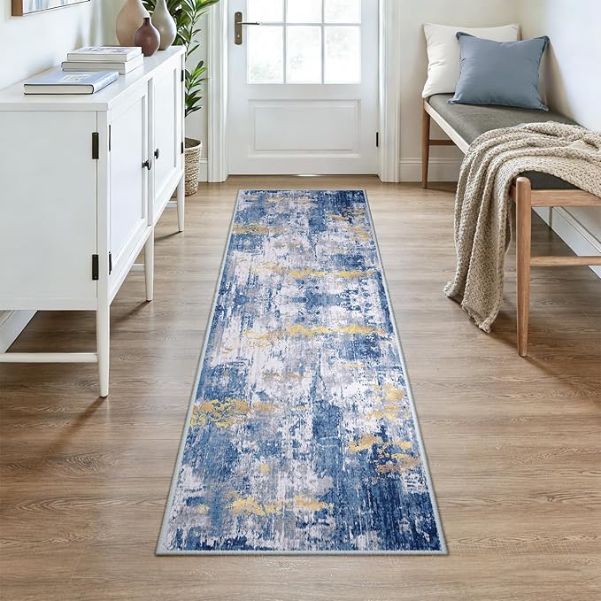 Washable Area Rugs 2x7 Non-Slip Modern Abstract Soft for Living Room Entryway Bedroom Nursery, Print Pattern, Grey Blue Gold/Golden