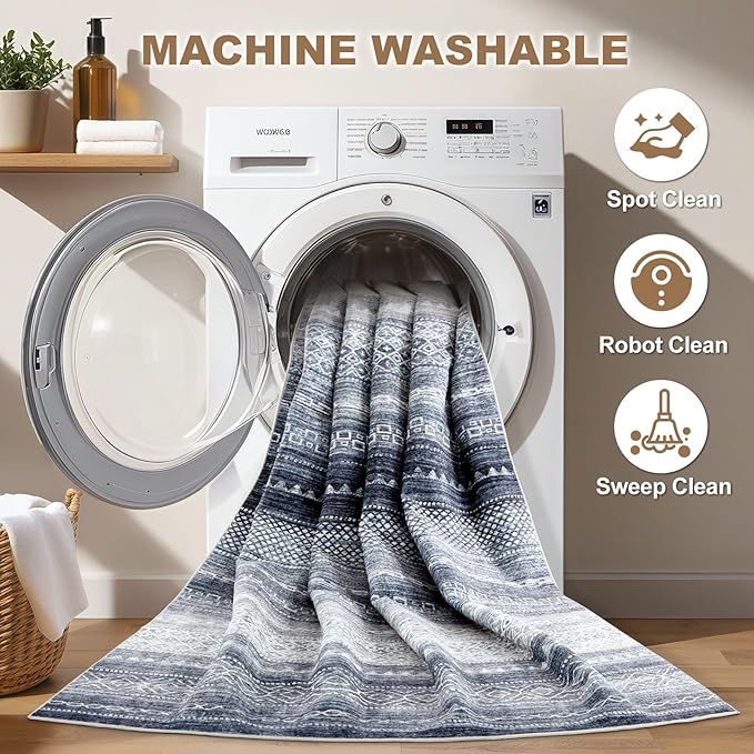 Nakagishi Area Rug Living Room Rugs: 3X8 Machine Washable Boho Large Neutral Farmhouse Stain Resistant Moroccan Indoor Floor Carpet for Bedroom Nursery Dorm Dining Room Home-Denim Blue