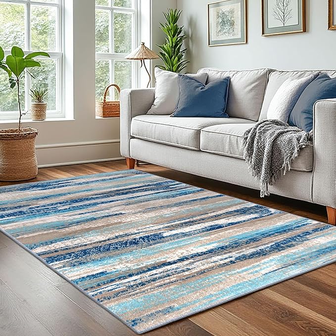 Lansny Modern Abstract 4x6 Living Room Washable Rug Non-Slip Soft Bedroom Area Rug Blue Thin Print Faux Wool Floor Carpet Throw Rugs for Nursery Playroom Dining Room Indoor Office Home Decor