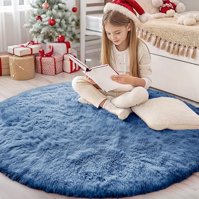 OLANLY Blue Round Rugs for Bedroom - Machine Washable, 4 ft Circle Area Rugs for Living Room, Soft and Fluffy Shaggy Carpet for Teen Girl and Boys, Nursery Rooms, Dorms, Home Decor Aesthetic