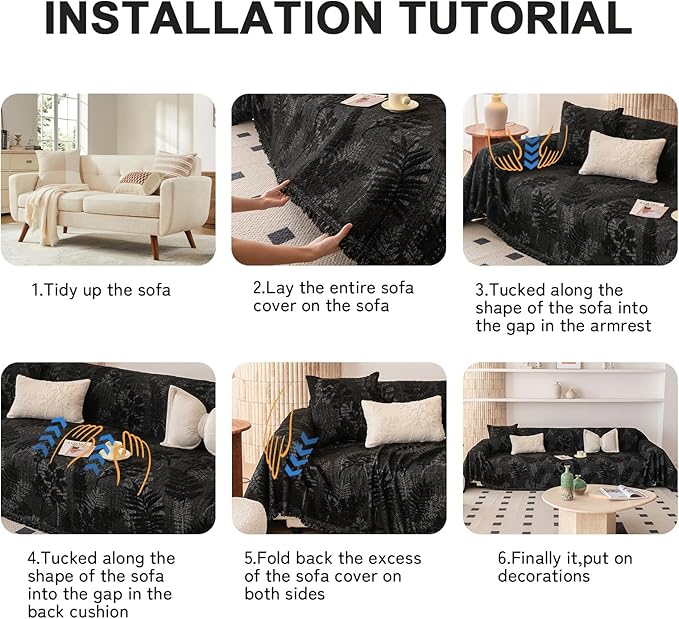 HANDONTIME Washable Couch Covers for Sofa Boho Couch Covers for 3 Cushion Sofa Pet Friendly Black Chenille Jacquard Couch Protector for Dogs Plant Branch Sectional Cover Sofa Slipcovers, 71" X 134"