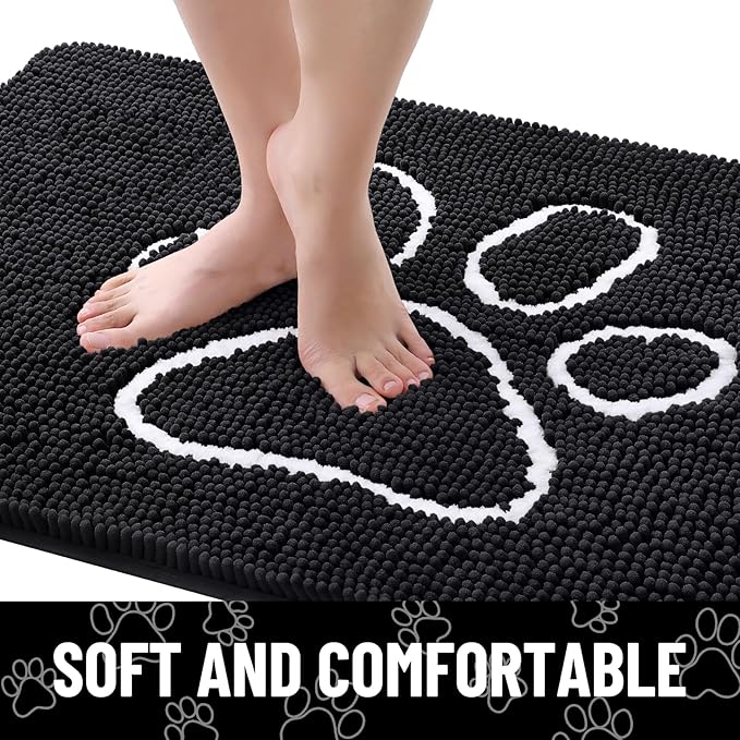 Smiry Dog Door Mat for Muddy Paws, Absorbent Dirt Trapper Non Slip Quick Dry Washable Chenille Mat for Mud Dogs, Entry Rug for Indoor and Outdoor (54x24 Inches, Black and White)