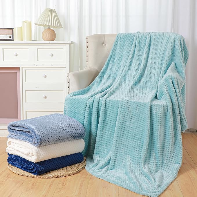 Newwiee 4 Pcs Flanne Fleece Throw Blanket for Bed Couch Large 3D Waffle Textured Soft Blanket Winter Warm Lightweight No Shedding No Pilling Decorative Throw, 50x60 Inch(Gradient Blue)