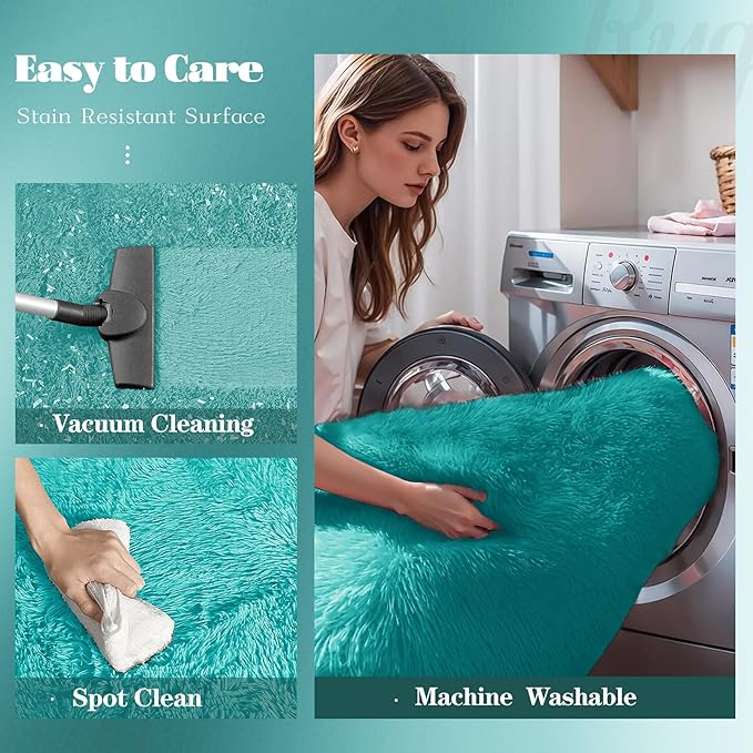 2x6 Runner Rug for Bedroom: Fluffy Shag Soft Washable Rugs Small Fuzzy Plush Indoor Carpet for Hallway Bedside Dorm Kids Girls Boys Room (Teal Blue, 2'x6')