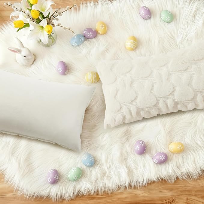 decorUhome Easter Bunny Pillow Covers 12x20 Inch Set of 2, Soft Plush Faux Wool Jacquard Cream White Rabbit Cushion Covers, Farmhouse Neutral Spring Easter Holiday Decor for Couch Sofa Bed