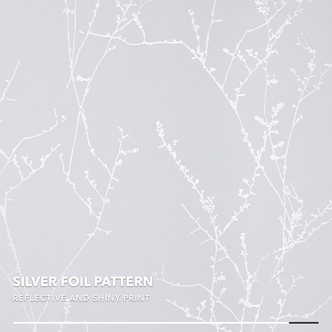 Deconovo Greyish White Curtains, Room Darkening Curtain, Thermal Insulated Soundproof Drapes, Silver Branch Print, 52 x 63 Inch Long, Grommet Window Panels for Living Room Bedroom Nursery, Set of 2