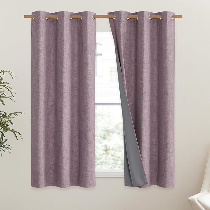 NICETOWN Chaise Mauve Vintage Linen 100% Blackout Curtains for Classroom, Thermal Insulated Curtains 63" Long, Noise Reducing Window Treatment Drapes for Gym Room, 42" Wide Per Panel, Set of 2