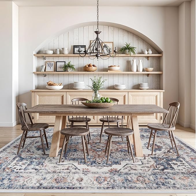 Washable Large 9x12 Area Rug: Living Room Oriental Non Slip Soft Rugs Indoor Low Pile Stain Resistant Carpet for Bedroom Dining Room Farmhouse Distressed Thin Home Decor Floor Mat (9x12 Brick)
