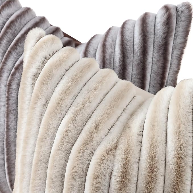 decorUhome Cozy Faux Fur Throw Pillow Covers 24x24 Set of 2 Decorative Soft Plush Striped Modern Farmhouse Boho Couch Euro Sham Pillow Cases with Velvet Back for Sofa Bed Living Room, Brown White