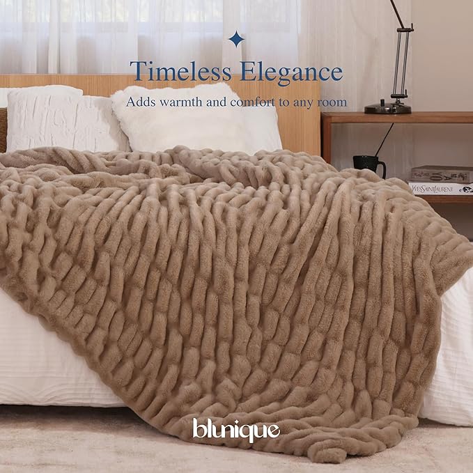 Ultra Soft Cozy Faux Fur Throw Blanket, Fuzzy Plush Thick Bubble Blanket, Oversize Luxury Fluffy Blanket for Couch, Sofa, Bedroom, and Living Room,50x60 Inches,Double Sided Light Brown