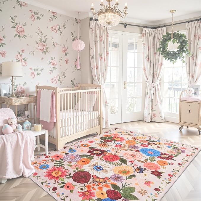 Pink/Beige Living Room Rugs, Area Rugs 5x8 Rug for Bedroom Ultra-Thin Soft, Non-Slip Washable Rugs Stain Resistant Boho Rug Low-Pile Throw Rug for ‎Dining Room Office (5 x 8, Beige/Pink)