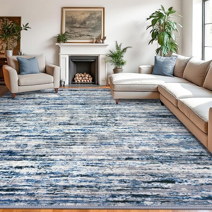Lansny Modern Abstract 9x12 Large Machine Washable Living Room Rug Non-Slip Soft Bedroom Area Rug Grey Blue White Thin Print Faux Wool Carpet Throw Rugs for Nursery Playroom Dining Room Indoor