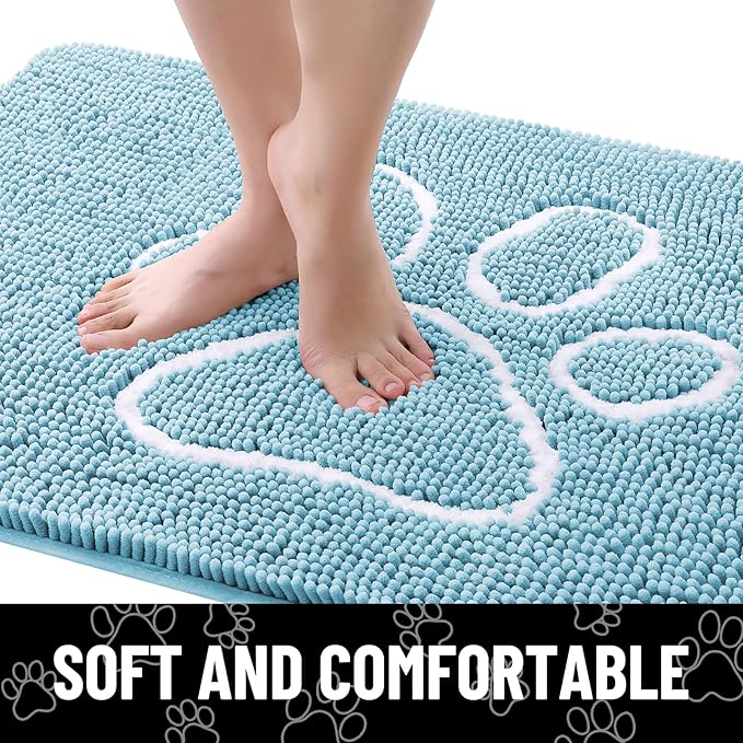 Smiry Dog Door Mat for Muddy Paws, Absorbent Dirt Trapper Non Slip Quick Dry Washable Chenille Mat for Mud Dogs, Entry Rug for Indoor and Outdoor (30x20 Inches, Sky Blue and White)