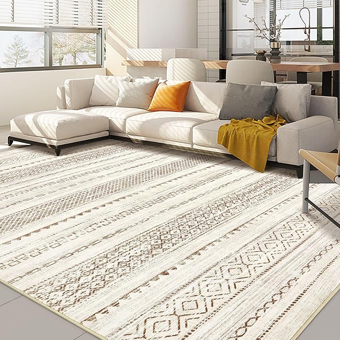 Nakagishi 10x14 Area Rugs Living Room: Washable Boho Large Neutral Modern Soft Farmhouse Rug Stain Resistant Indoor Non-Slip Accent Carpet for Bedroom Nursery Kids Playroom Office Dining Room- Brown