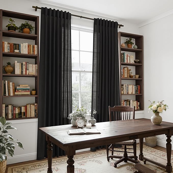 Nanspring Vintage Black Linen Curtains 96 Inches Long for Living Room Light Filtering Semi Sheer Curtain Back Tab Privacy Luxury Gothic Vintage Decor Drapes for Bedroom Office 52x96, 2 Panels