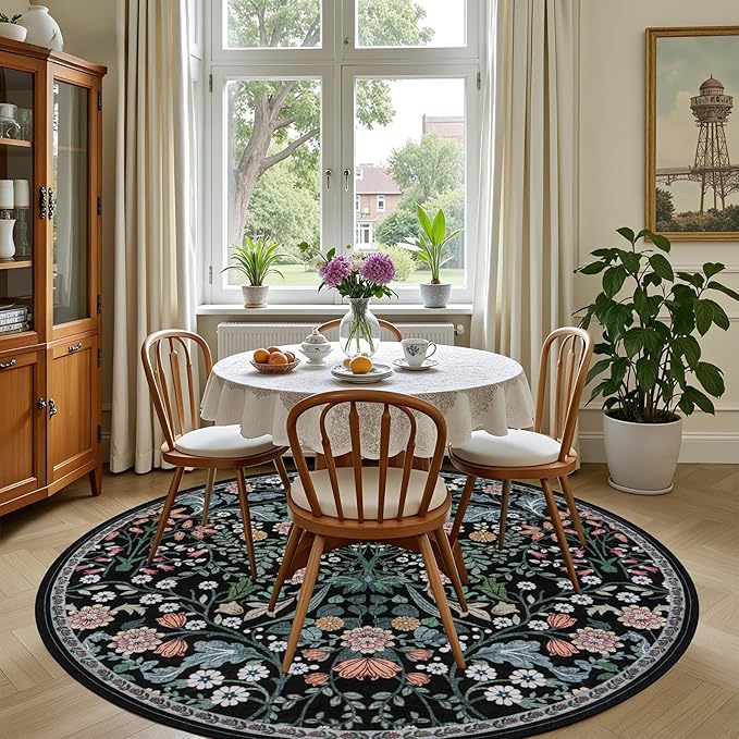 Round Area Rug for Living Room: 6 ft Floral Washable Circle Rug Soft Boho Non-Slip Carpet Indoor Stain Resistant Low Pile Small Circular Rug for Bedroom Entryway Kitchen Nursery Home Office Dark Black