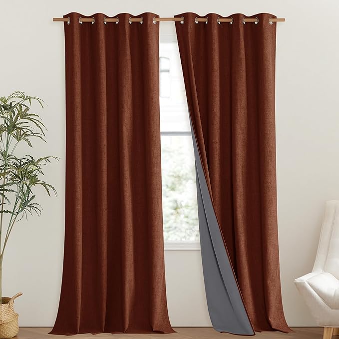 NICETOWN 100% Absolutely Blackout Linen Curtains with Thermal Insulated Liner, 52" Wide, 2 Panels, 108" Long Drapes, Grommet Retro Burnt Orange Linen Curtains Vertical Drapes Privacy for Bedroom