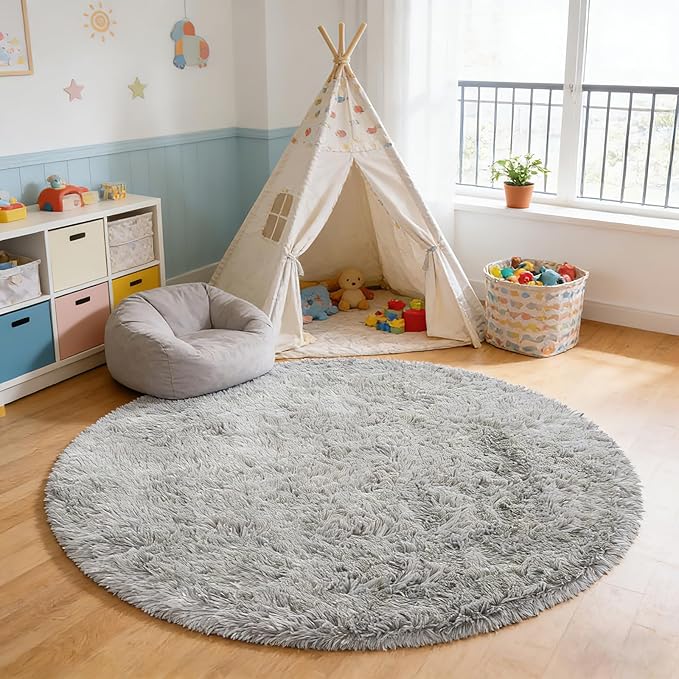 yulidayang Soft Round Area Rug for Kids Bedroom, Fluffy Fuzzy Shaggy Rug 4'X4'for Living Room, Non Slip Circle Plush Rug for Girls Room Nursery Dorm Decor,Light Grey