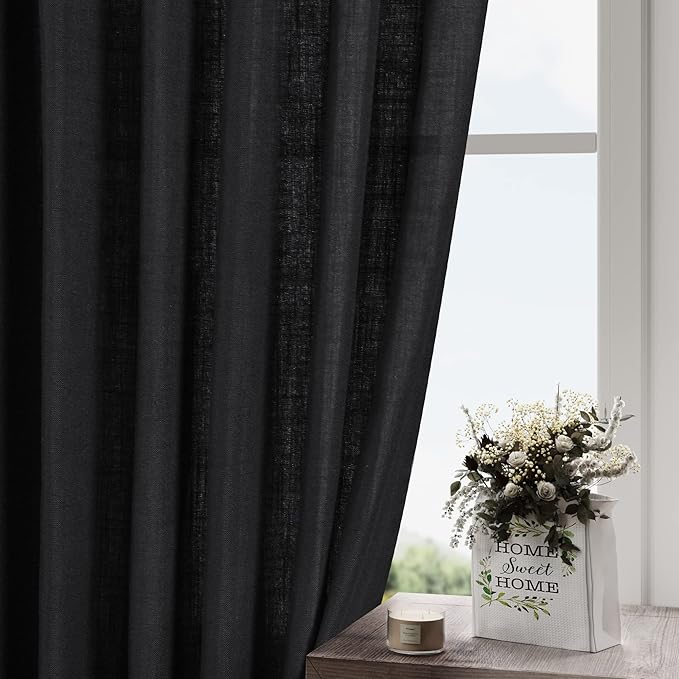 Nanspring Black Semi Sheer Linen Curtains 78 inch Length for Living Room Back Tab Rod Pocket Modern Farmhouse Coastal Decor Black Cotton Textured Gauze Curtains for Dining Room Office 52x78