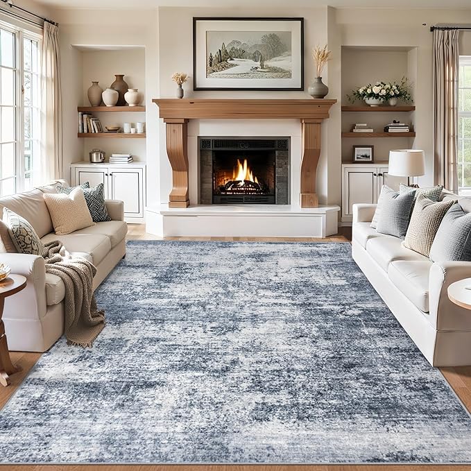 Area Rugs Living Room Rug - 4x6 Washable Modern Abstract Soft Neutral Non-Slip Carpet Large Indoor Floor Thin Carpets for Bedroom Dining Room Farmhouse Nursery Home Office Grey Blue
