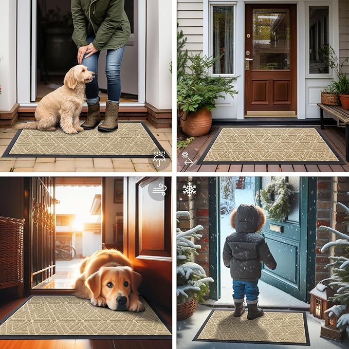 Smiry Front Door Mat Outside Entrance, Heavy Duty Sturdy Natural Rubber Doormat, Trap Dirt and Moisture, Easy Clean Low Profile Mats for Indoor Outdoor Entry, Grid Geometric (59x34, Beige)