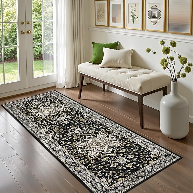 Hallway Runner Rug Non Slip - Washable 2.6x8 Kitchen Rugs for Living Room, Low-Pile Soft Bedroom Rug Indoor Floor Stain Resistant Carpets for Entryway, Laundry, Bathroom Black Gold