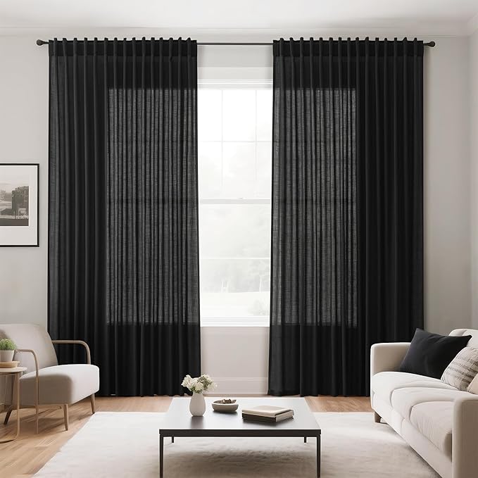 Nanspring Extra Wide Linen Curtains for Living Room 108 Inch Length for Room Divider Black Rustic Farmhouse Drape Rod Pocket Back Tab Light Filtering Bedroom Window Curtain for Sliding Door 100x108
