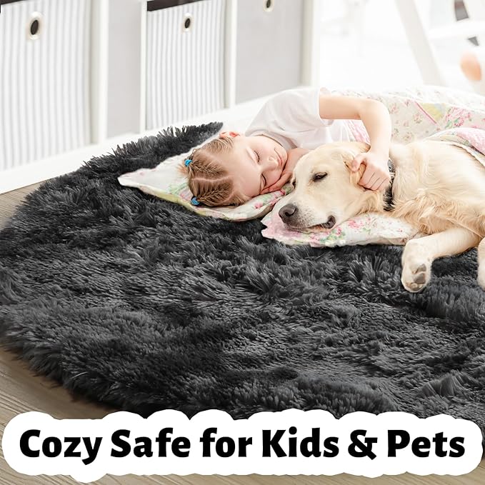 Amdrebio Tie-Dyed Dark Grey Round Area Rugs for Living Room, 7x7 Rug, Soft Thick Large Circle Rug for Bedroom, Big Shag Fluffy Plush Carpet for Mens Boys Kids Room, Modern Cool Furry Circular Rug