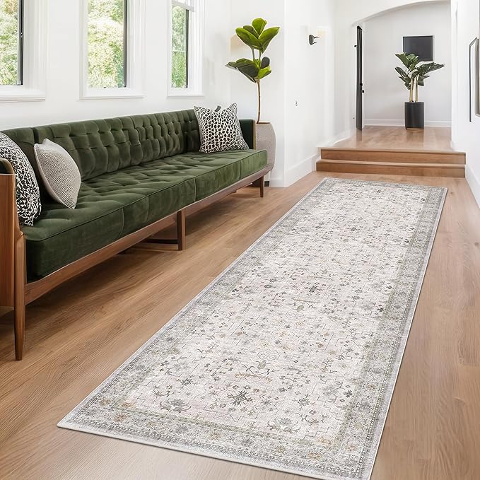 Hazo Haus Geometric 3x20 Wide Hallway Runner - Light Gray with Taupe Accent, Boho Floral Pastel Decor, Washable Low Pile Non Slip Stain Resistant Rug for Long Kitchen, Hall Way
