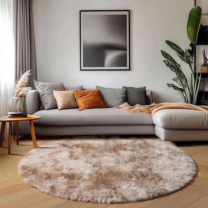 ONASAR Tie-Dye Beige Round Area Rugs 5ft, Soft Bedroom Circle Rug Floor Mats for Kids Girls Teen Room, Kawaii Fluffy Plush Shaggy Carpet for Baby Nursery Living Room Playroom Home Decor