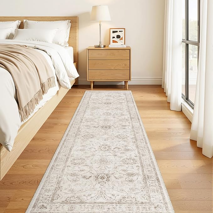 Madane Runner Rug 2x8 for Hallway, Kitchen Non-Slip Runner Rug with Rubber Backing, Vintage Soft Low Pile Throw Neutral Carpet Runner for Laundry Room Entryway Bathroom Bedroom (2 x 8, Brown/Ivory)