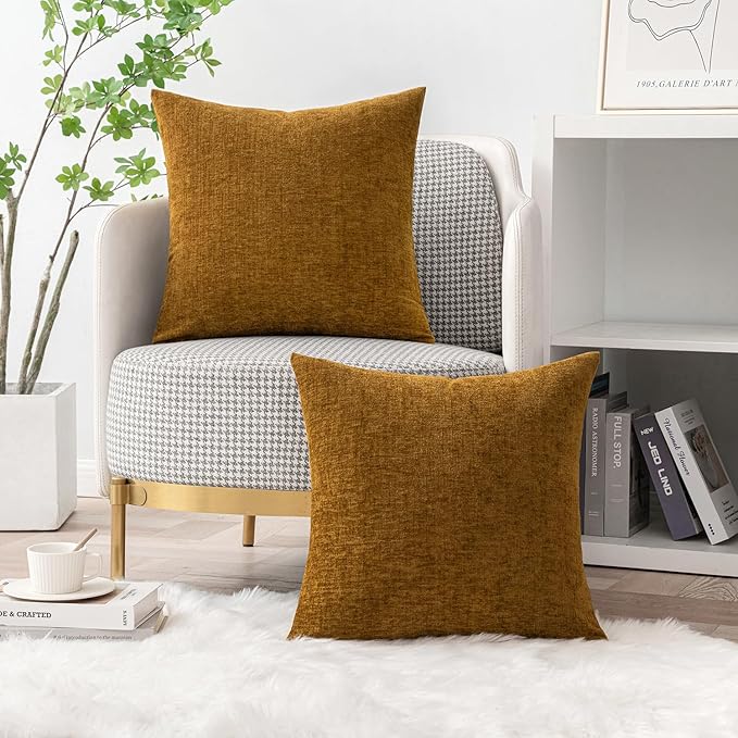 MIULEE Pack of 2 Couch Throw Pillow Covers 18x18 Inch Soft Mustard Chenille Pillow Covers for Sofa Living Room Solid Dyed Pillow Cases