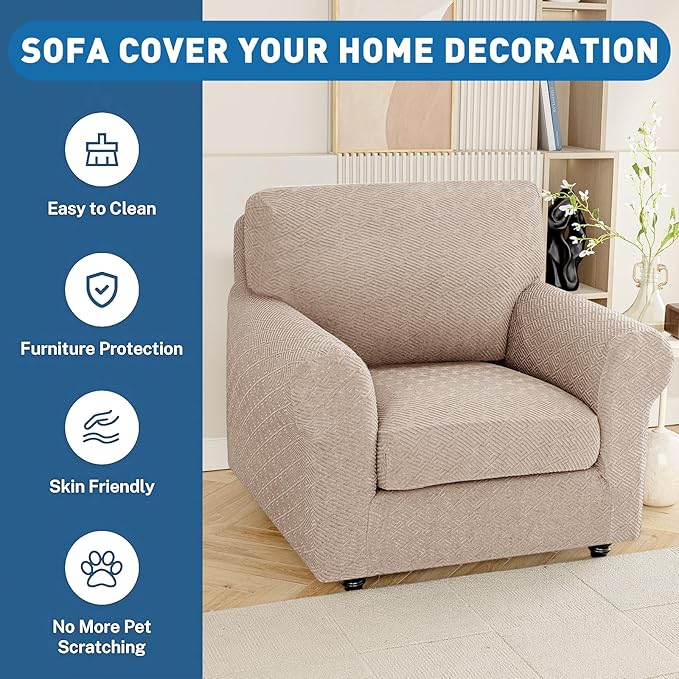 XINEAGE Couch Cushion Covers Seat Cushion Cover Thick Stretch Sofa Slipcovers 1 Piece Individual Couch Covers with Elastic Bottom(Single Seat Cushion/Backrest,Khaki)