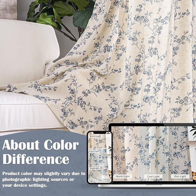 Lazzzy Blue Floral Linen Curtains 96 Inch Farmhouse Back Tab Drapes for Living Room Bedroom Light Filtering Vintage Grandmillennial Rod Pocket Curtains, 2 Panels, W38 x L96, Blue on Beige