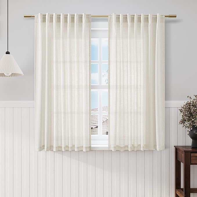 Cream Linen Sheer Curtains 54 Inch Length 2 Panel Set Back Tab Pocket Semi Sheer Light Filtering Short Curtain Soft Elegant Aesthetic Small Window Drapes for Bathroom 52x54 inches Long Ivory
