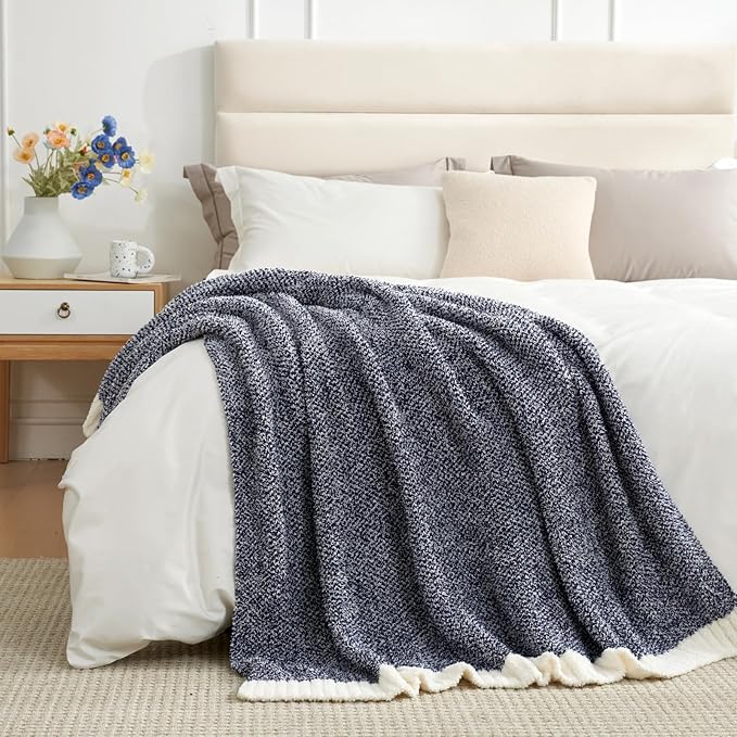 Snuggle Sac Navy Throw Blanket for Couch, Oversized Throw XL Super Soft Warm Blankets Cozy Knit Fuzzy Lightweight Throws for Sofa, Bed, Living Room, Heather Navy, 50x70 inches