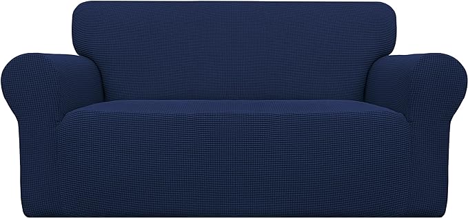 Easy-Going Stretch Loveseat Slipcover 1-Piece Sofa Cover Furniture Protector Couch Soft with Elastic Bottom for Kids Polyester Spandex Jacquard Fabric Small Checks (Loveseat, Navy)