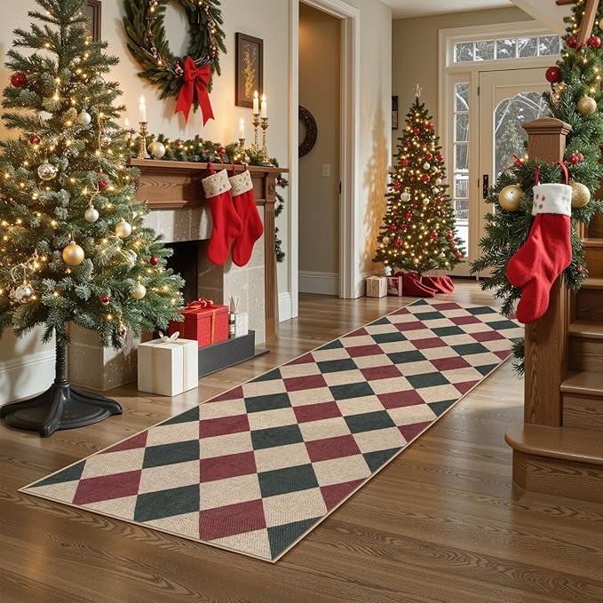 Lahome Christmas Runner Rug, 2x8 Checkered Christmas Decor Non Slip Entryway Runner Rug, Checkerboard Red and Green Indoor Outdoor Xmas Decorations for Hallway 8ft Entry Laundry Room