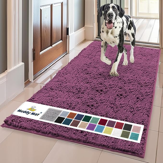 Muddy Mat® | Super Absorbent Door Mat Indoor, Microfiber Quick Dry Chenille Entryway Rug, Non-Slip Front Door Mat, Indoor Mats for Entryway, Machine Washable Pet Rug, Dark Purple 24" x 72"