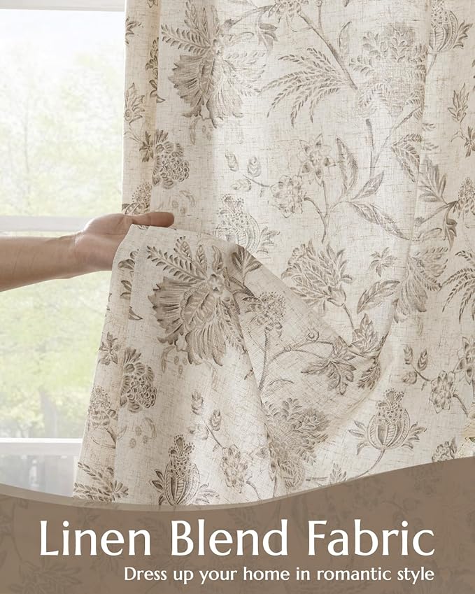 jinchan Lined Linen Floral Curtains for Living Room, 84 Inch Length Printed Flower Farmhouse Patterned French Country Back Tab Taupe Window Drapes Set Privacy Bedroom Curtains, 2 Panels