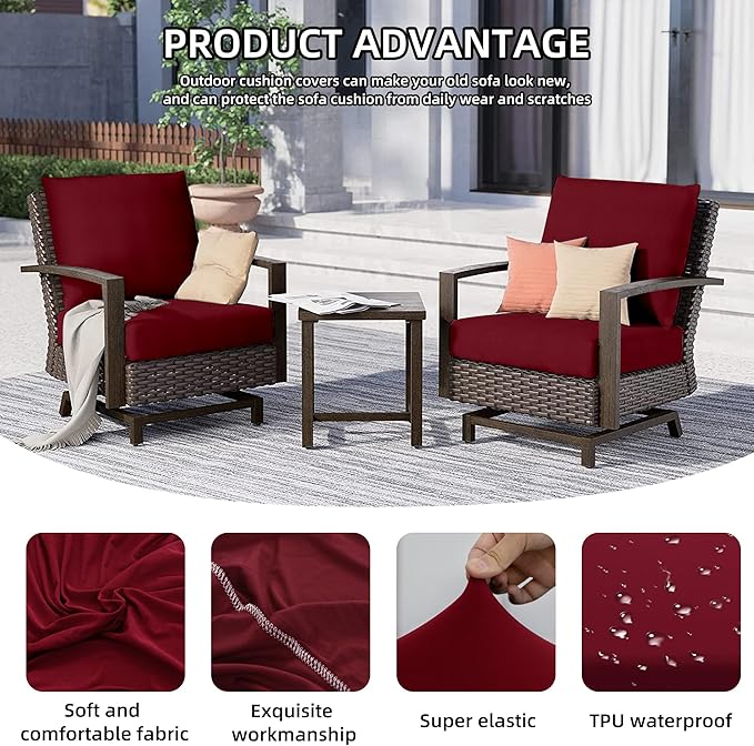 12Pcs Outdoor Cushion Covers, Patio Cushion Covers,Stretch Elastic Slipcovers, Replacement Washable & Reusable Furniture Protector for Patio Couch (Claret,Cover Only)